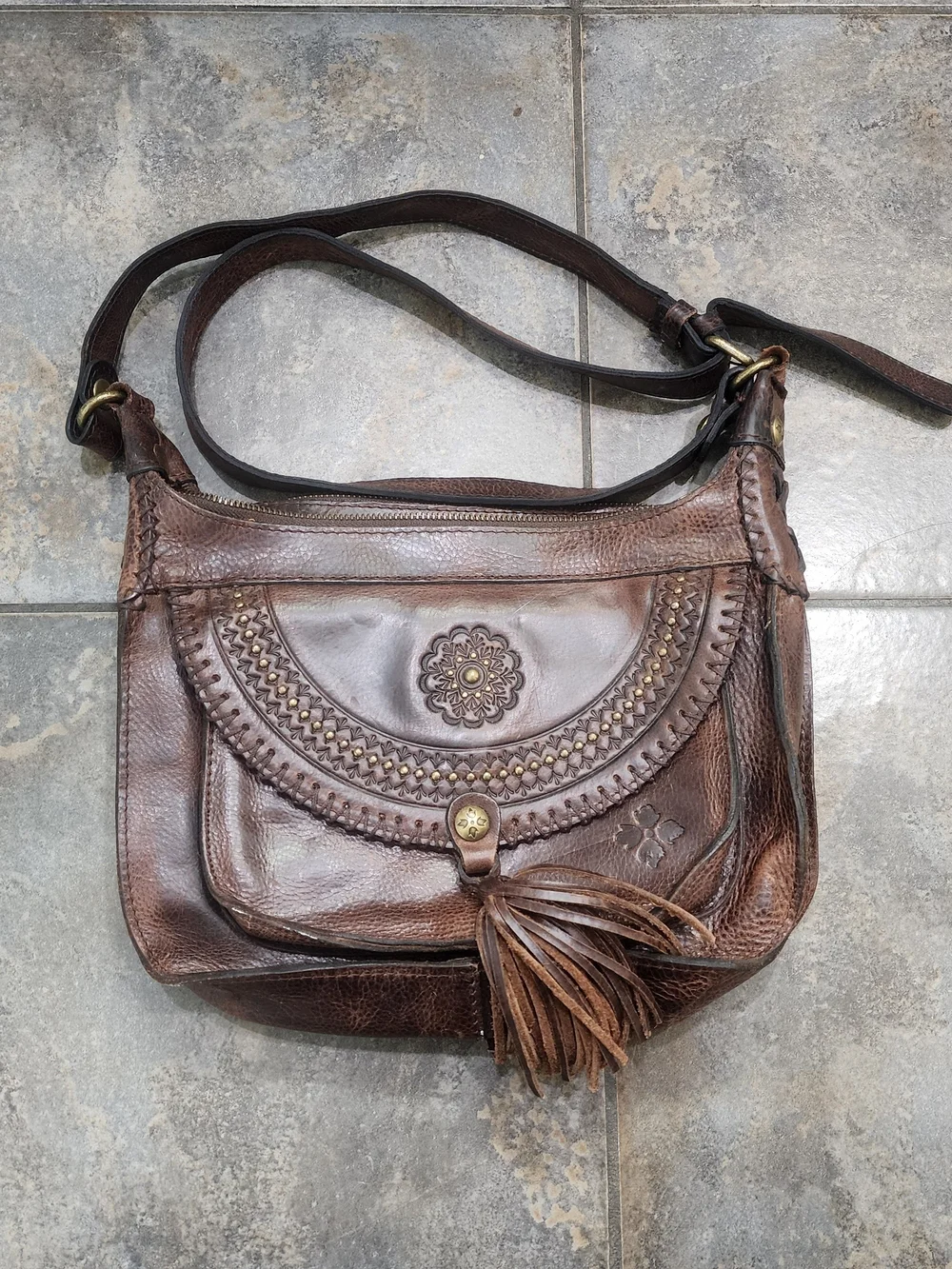 Patricia Nash Camila Brown Leather Tassel Crossbody Indie Boho Purse Bag
